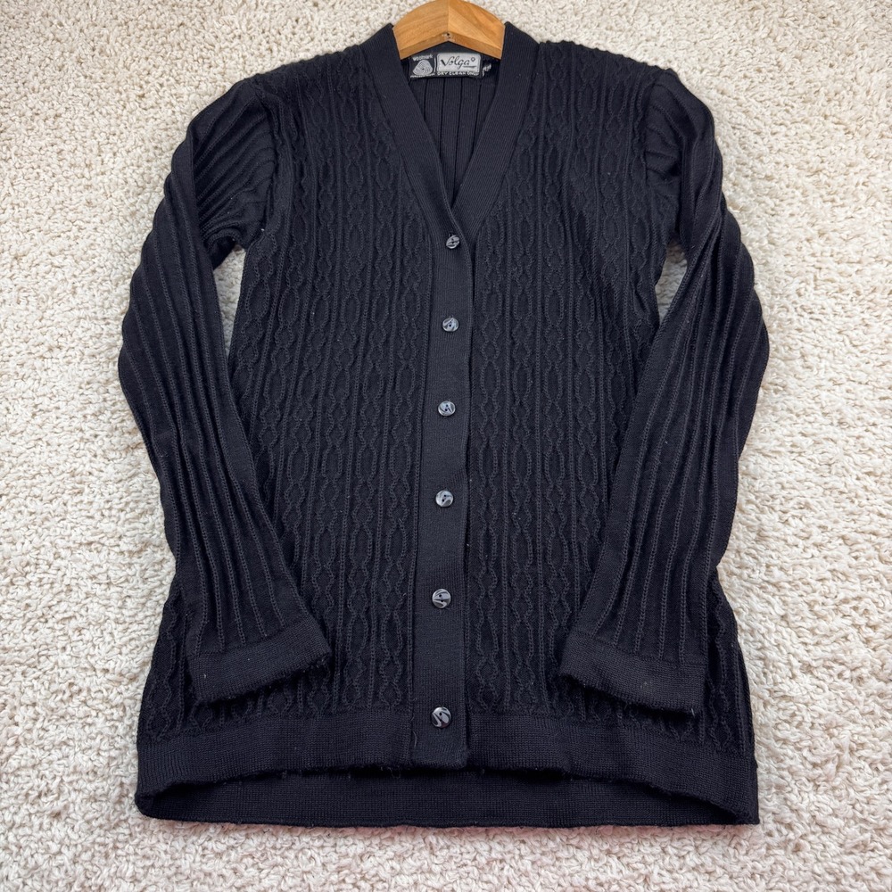 Volga Cardigan Sweater Women 80-85cm Black Excellent Pure New Wool Cable Knit